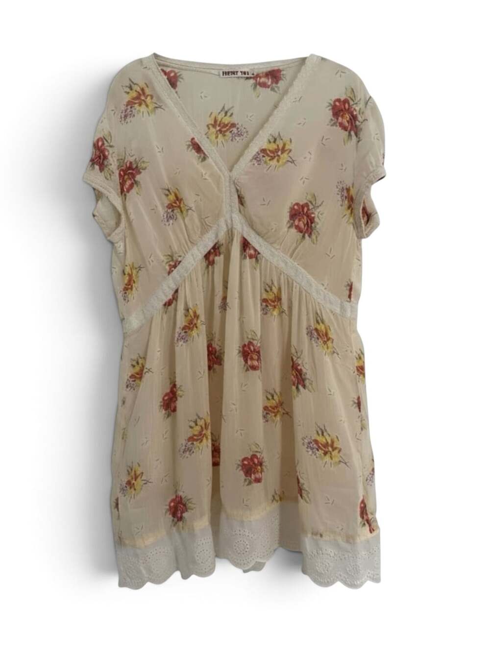 Johnny Was Floral Babydoll Tunic Top Size L Eyelet Lace Trim Empire Waist